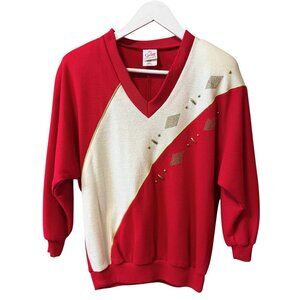 Vtg 80s Graff Red Gold Embellished V Neck Dolman Sweater Women's size S